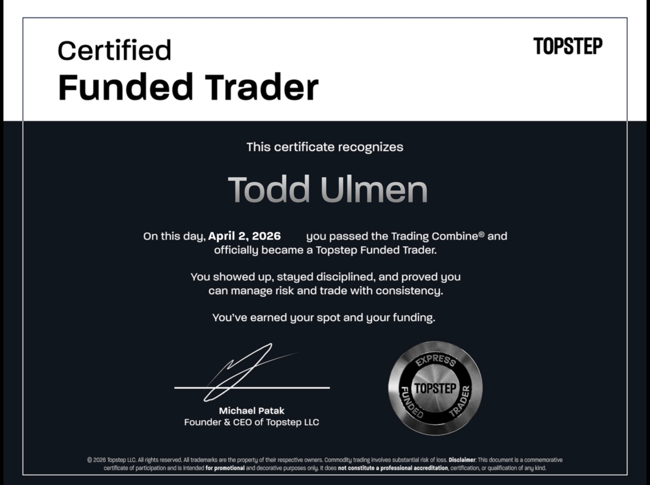 Topstep certified funded trader certificate
