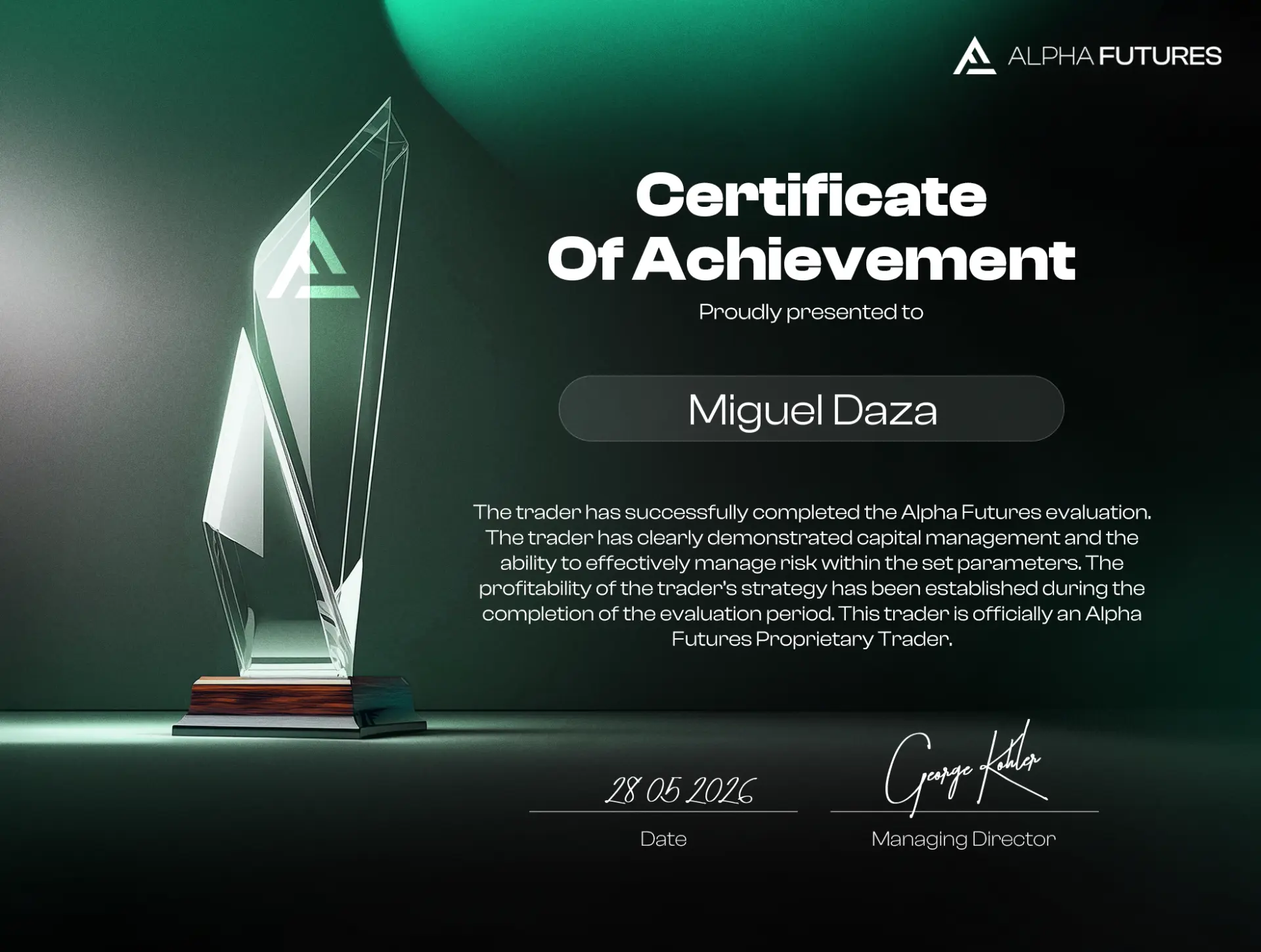 Alpha Futures certificate of achievement